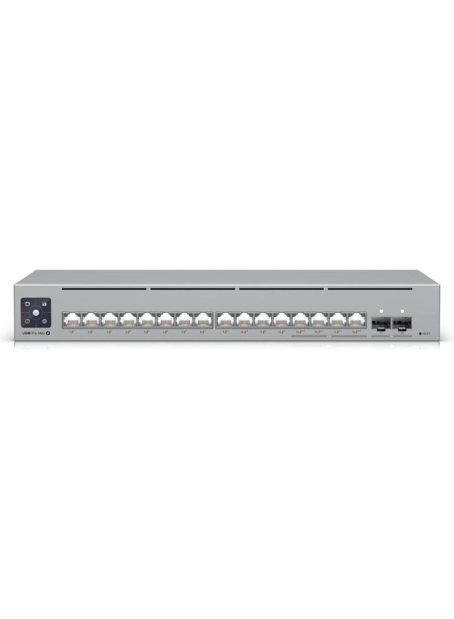 UBIQUITI Switch Pro Max 16 PoE Switch, 84 Gbps Switching Capacity, 64.496 Mpps Forwarding Rate, 1.3" Touch Display, 180W Total PoE Available, Ethernet In-Band, USW-Pro-Max-16-PoE (180W) Grey  - Image 1