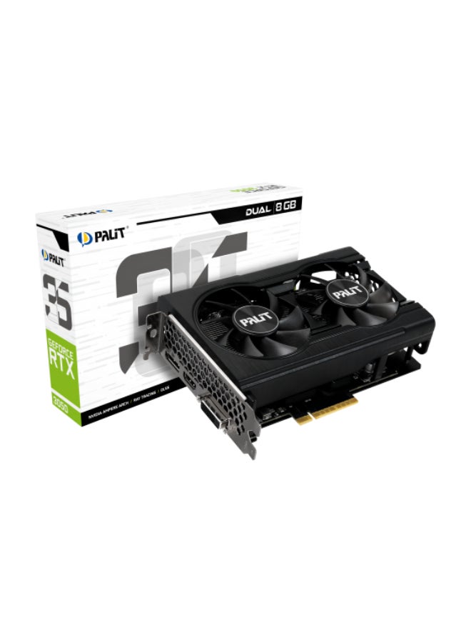 Palit - GeForce RTX 3050 Dual 8GB GDDR6 Graphics Card, 128-bit Memory Interface, 1552 MHz Graphics Clock, 1777 MHz Boost Clock, 14 Gbps Memory Clock, 2560 CUDA Cores, PCI-E 4.0, HDMI 2.1, DP 1.4a, Dual-Link DVI, 7680x4320 Max Resolution, 115W Power, RGB Lighting, Ray Tracing, DLSS, VR Ready, G-SYNC, NVIDIA Ampere Architecture | NE63050018P1-1070D - Image 1