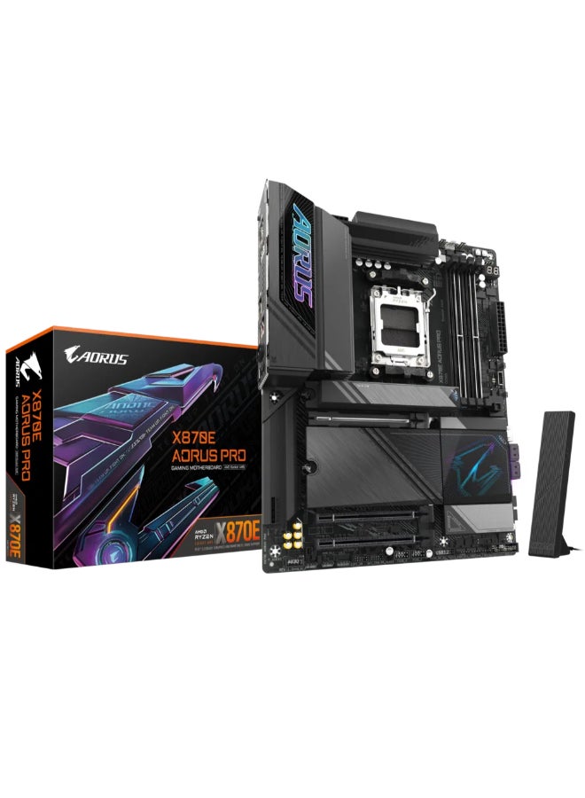 GIGABYTE X870E AORUS PRO (rev. 1.0) ATX Motherboard – AMD AM5 Socket, Compatible with Ryzen™ 9000/8000/7000 Series Processors, AMD X870E Chipset, 4 x DDR5 DIMM Slots (Supports Up to 256GB, 8200 MT/s), PCIe 5.0 x16, 4 x M.2 Slots, 2.5GbE LAN, Wi-Fi 7, USB4, HDMI 2.1, Realtek ALC1220 Audio, Dual Channel Memory, EZ-Latch Plus & EZ-Latch Click, Advanced Thermal Armor, RGB Support, Q-Flash Plus, and Smart Backup | X870E AORUS PRO  - Image 1