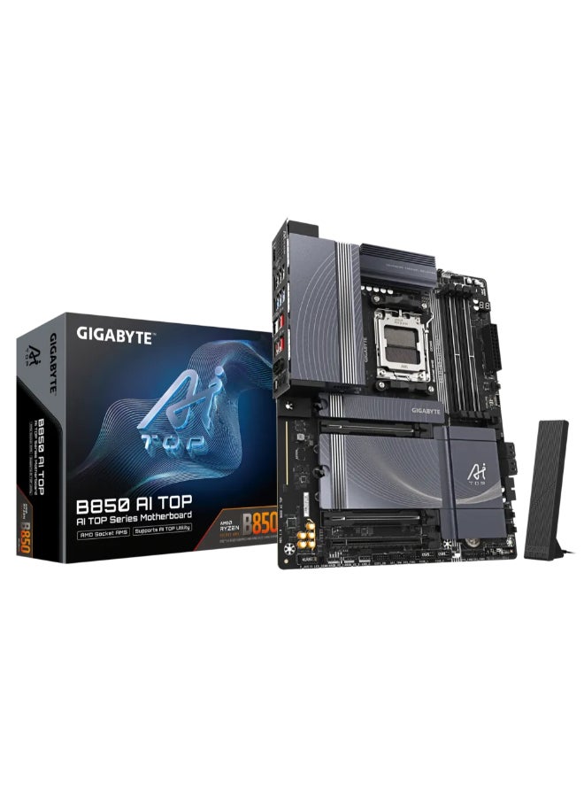 GIGABYTE B850 AI-TOP AMD AM5 ATX Motherboard, DDR5 up to 8600MT/s, 256GB Max Memory, Dual 10GbE LAN, Wi-Fi 7, PCIe 5.0, 3x M.2 Slots, 2x USB 3.2 Gen 2 Type-C, ALC1220 Audio, HDMI 2.1, PCIe Armor, EZ-Latch & EZ-Plug | B850 AI TOP  - Image 1
