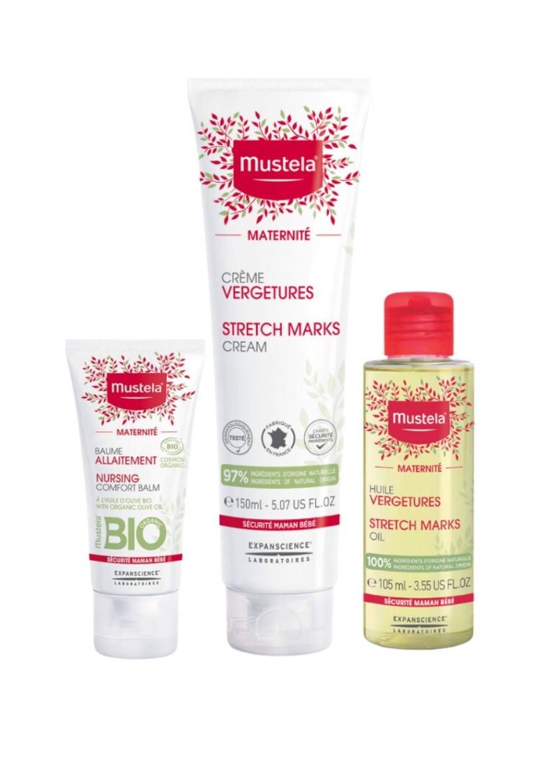 Mustela Mommy Wellness Skin Care Gift Set - 3-In-1 Stretch Marks Cream 150 ML, Organic Nursing Comfort Balm 30 ML, Stretch Marks Oil 105 ML  - Image 1