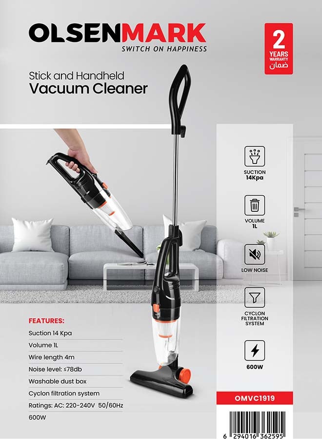 أولسنمارك 2-In-1 Handheld & Stick Vacuum Cleaner – 1L Dust Tank, Cyclone Filter, Easy & Powerful Clean 1 L 600 W OMVC1919 Black  - Image 1