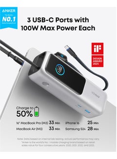 Anker 25000 mAh Power Bank, 165W Ultra-Fast Portable Charger For Dual Laptops, Fast Charging Battery Pack With Built-In And Retractable Cables, For iPhone 16/15 Series, Samsung, And More - Silver  - Image 2