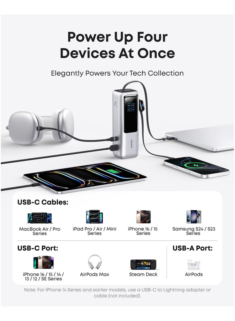 Anker - 25000 mAh 25000 mAh Power Bank, 165W Ultra-Fast Portable Charger For Dual Laptops, Fast Charging Battery Pack With Built-In And Retractable Cables, For iPhone 16/15 Series, Samsung, And More - Silver Silver - Image 1