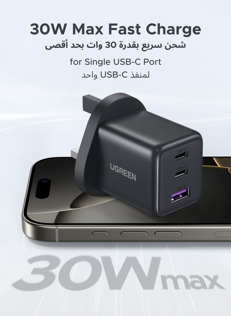 يو جرين - 30W 2C1A GaN Charger Type C USB C Adapter USB Wall Plug Fast iPhone Charger Multi Ports Charger Portable Compatible With iPhone 16 Series Galaxy 25 24 Series iPad Pro Air Mini Apple Watch  Xiaomi Huawei - Black - Image 1