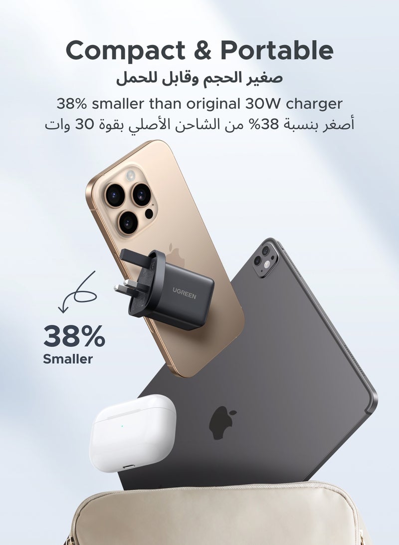 يو جرين - 30W 2C1A GaN Charger Type C USB C Adapter USB Wall Plug Fast iPhone Charger Multi Ports Charger Portable Compatible With iPhone 16 Series Galaxy 25 24 Series iPad Pro Air Mini Apple Watch  Xiaomi Huawei - Black - Image 1