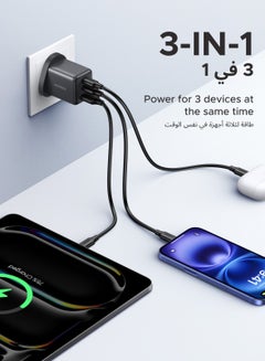 يو جرين 30W 2C1A GaN Charger Type C USB C Adapter USB Wall Plug Fast iPhone Charger Multi Ports Charger Portable Compatible With iPhone 16 Series Galaxy 25 24 Series iPad Pro Air Mini Apple Watch  Xiaomi Huawei - Black  - Image 2