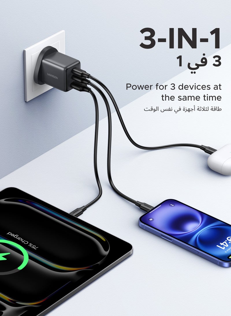 يو جرين - 30W 2C1A GaN Charger Type C USB C Adapter USB Wall Plug Fast iPhone Charger Multi Ports Charger Portable Compatible With iPhone 16 Series Galaxy 25 24 Series iPad Pro Air Mini Apple Watch  Xiaomi Huawei - Black - Image 1