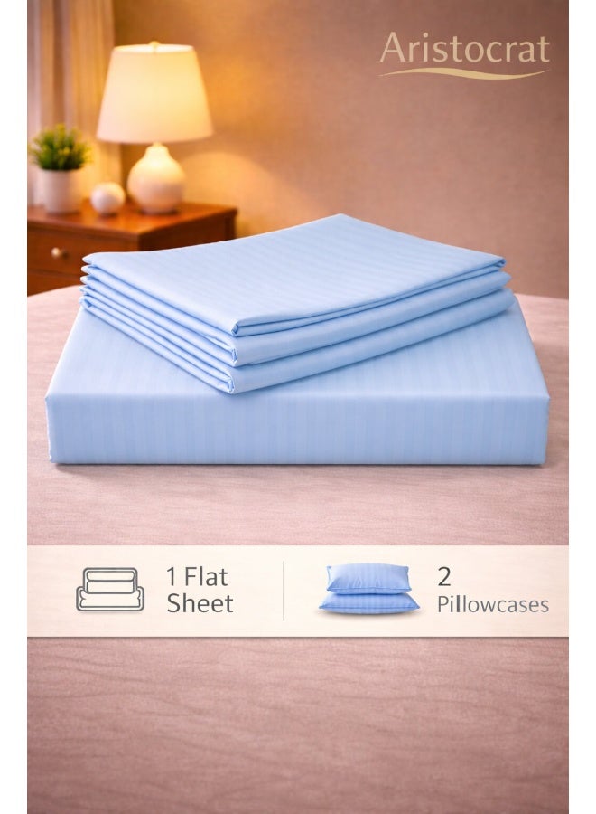 ARISTOCRAT 3‑Piece Striped Microfiber Flat Bed Sheet Set, suitable for Queen and King sizes,  220x240cm – Soft Breathable Flat Sheet with 2 Pillowcases 50x70cm, Sky Blue Microfiber Sky Blue 220x240cm - Image 2