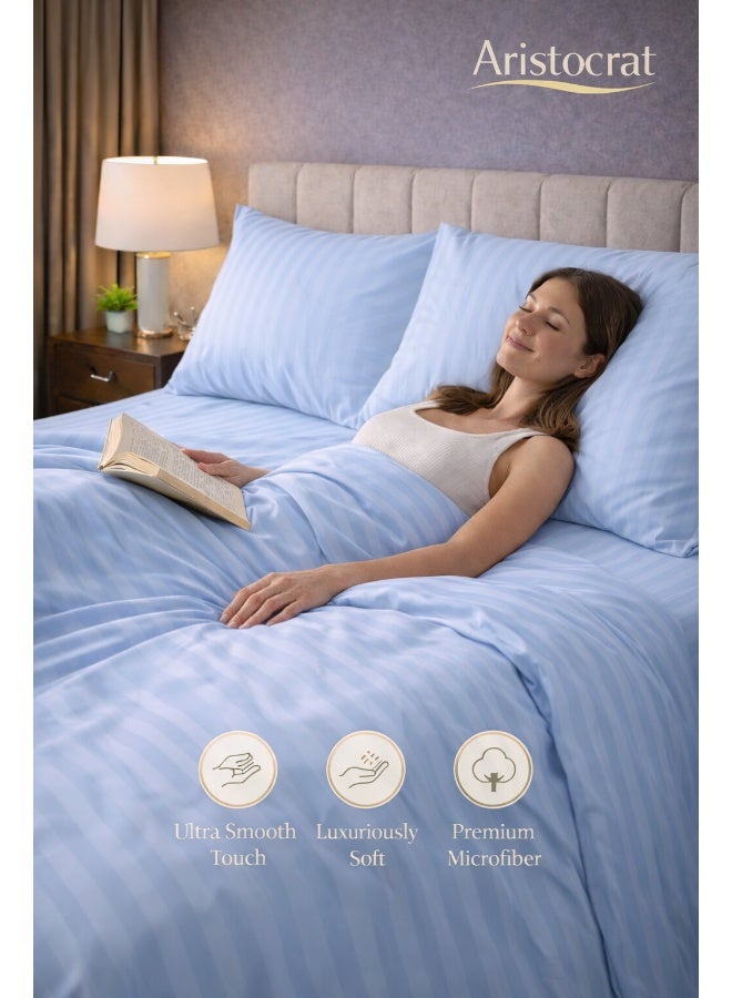 ARISTOCRAT 3‑Piece Striped Microfiber Flat Bed Sheet Set, suitable for Queen and King sizes,  220x240cm – Soft Breathable Flat Sheet with 2 Pillowcases 50x70cm, Sky Blue Microfiber Sky Blue 220x240cm - Image 3