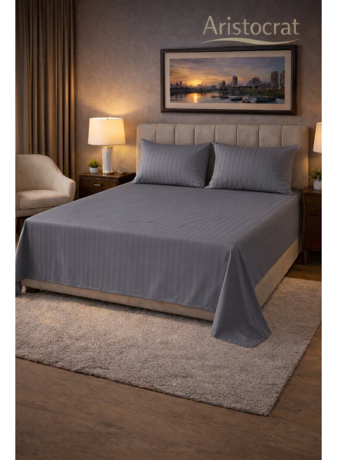 ARISTOCRAT 3‑Piece Striped Microfiber Flat Bed Sheet Set Super King 240x260cm – Soft Breathable Flat Sheet with 2 Pillowcases 50x70cm, Grey Microfiber Grey 240x260cm - Image 1