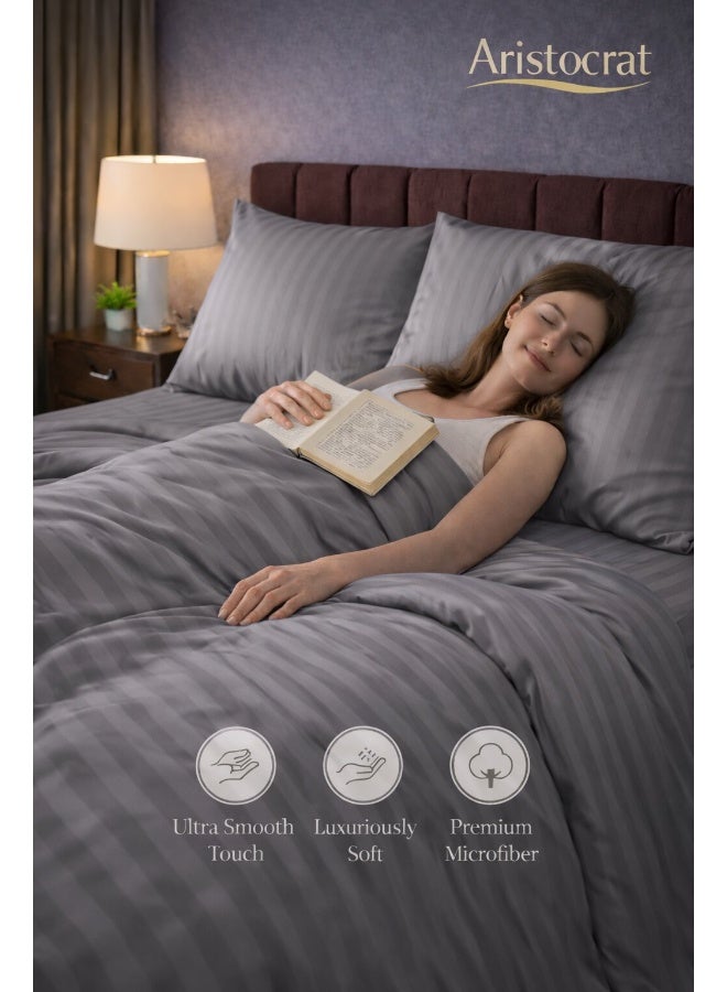 ARISTOCRAT 3‑Piece Striped Microfiber Flat Bed Sheet Set Super King 240x260cm – Soft Breathable Flat Sheet with 2 Pillowcases 50x70cm, Grey Microfiber Grey 240x260cm - Image 3