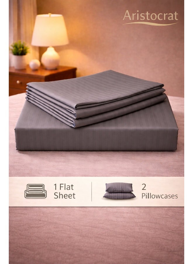 ARISTOCRAT 3‑Piece Striped Microfiber Flat Bed Sheet Set Super King 240x260cm – Soft Breathable Flat Sheet with 2 Pillowcases 50x70cm, Grey Microfiber Grey 240x260cm - Image 2