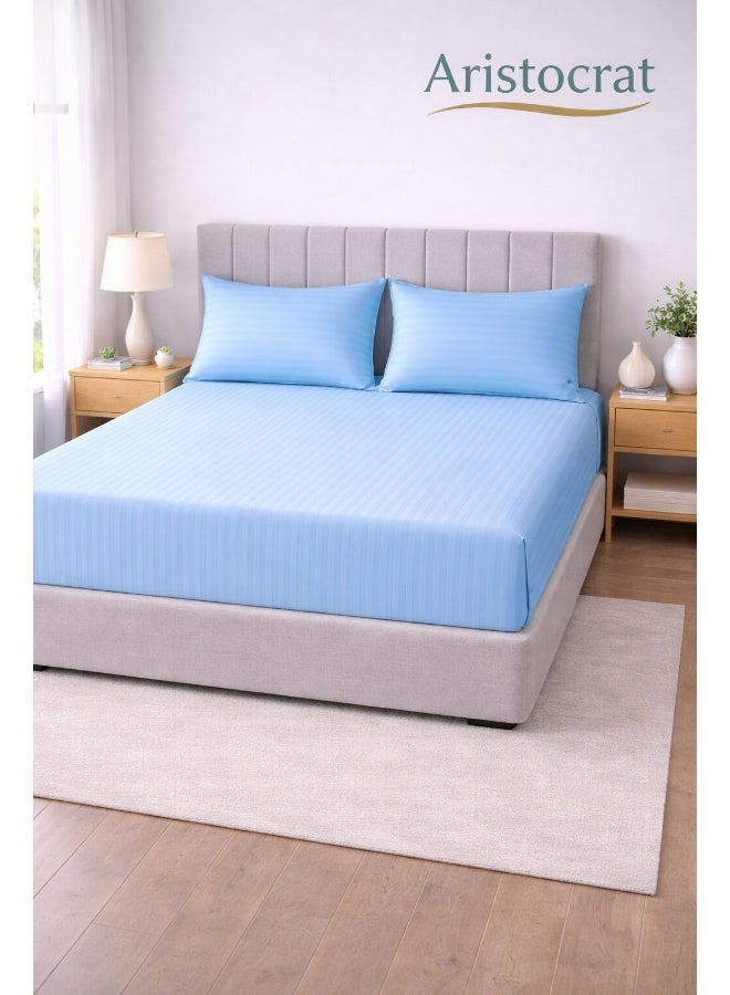 ARISTOCRAT 3-Piece Striped Microfiber Fitted Sheet Set Large Single 120x200cm – Soft Elastic Deep Pocket 17cm Bedsheet with 2 Pillowcases 50x70cm, Sky Blue Microfiber Sky Blue 120X200+17cm - Image 1