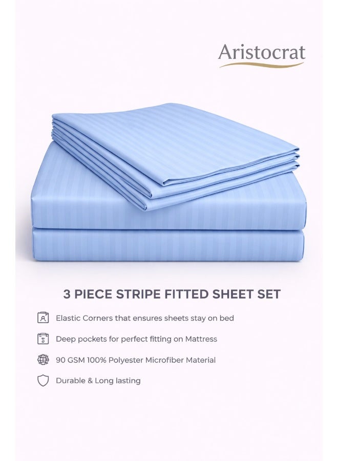 ARISTOCRAT 3-Piece Striped Microfiber Fitted Sheet Set Large Single 120x200cm – Soft Elastic Deep Pocket 17cm Bedsheet with 2 Pillowcases 50x70cm, Sky Blue Microfiber Sky Blue 120X200+17cm - Image 2