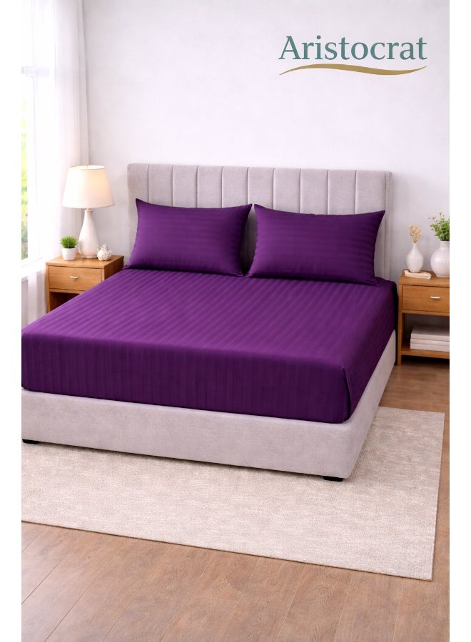 ARISTOCRAT 3-Piece Striped Microfiber Fitted Sheet Set Super King 200x200cm – Soft Elastic Deep Pocket 17cm Bedsheet with 2 Pillowcases 50x70cm, Purple Microfiber Purple 200x200+17cm - Image 1