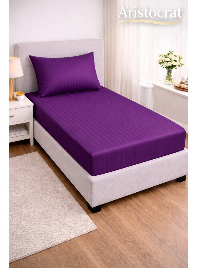 ARISTOCRAT 2-Piece Striped Microfiber Fitted Sheet Set Single 90x200cm – Soft Elastic Deep Pocket 17cm Bedsheet with 1 Pillowcase 50x70cm, Purple Microfiber Purple Single - Image 1