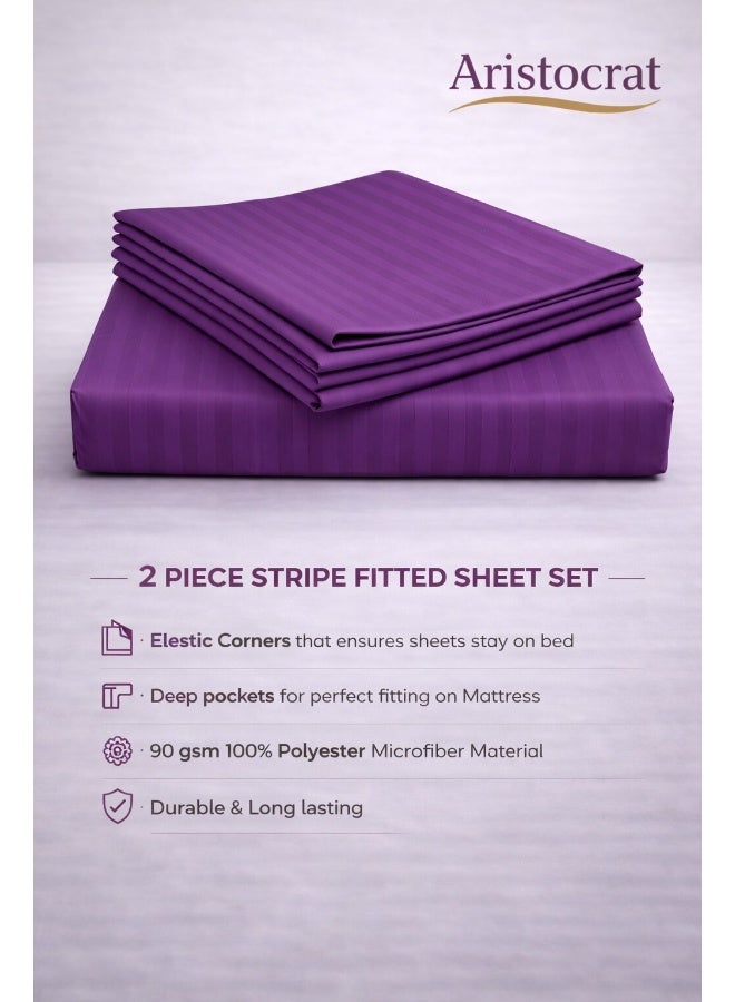 ARISTOCRAT 2-Piece Striped Microfiber Fitted Sheet Set Single 90x200cm – Soft Elastic Deep Pocket 17cm Bedsheet with 1 Pillowcase 50x70cm, Purple Microfiber Purple Single - Image 2