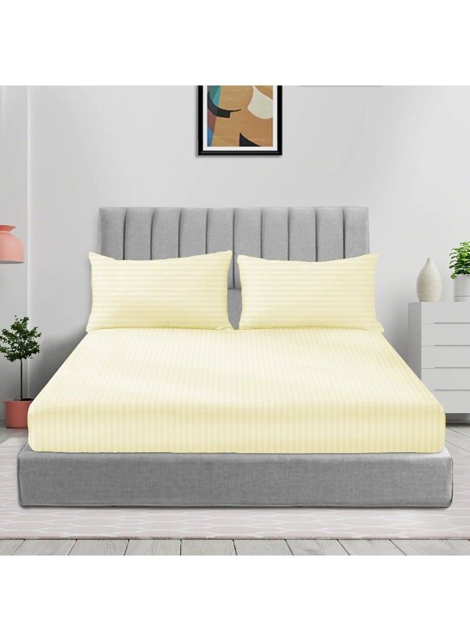 ARISTOCRAT 3 Pieces Stripe Fitted Sheet Set - 150x200+17cm - Cream Microfiber Cream 150x200+17cm - Image 1