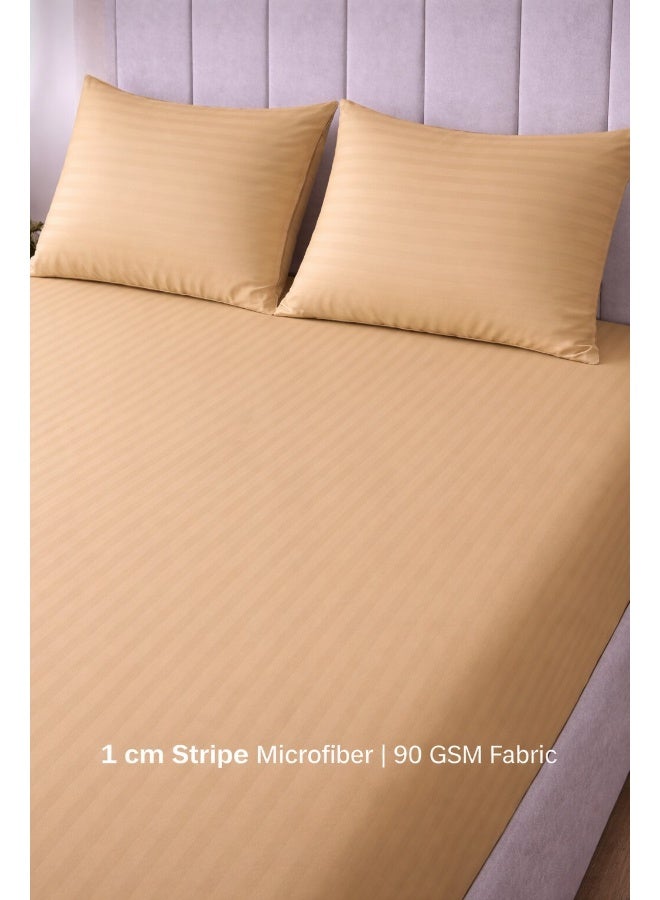 ARISTOCRAT 3-Piece Striped Microfiber Fitted Sheet Set King 180x200cm – Soft Elastic Deep Pocket 17cm Bedsheet with 2 Pillowcases 50x70cm, Beige Microfiber Beige 180X200+17cm - Image 4
