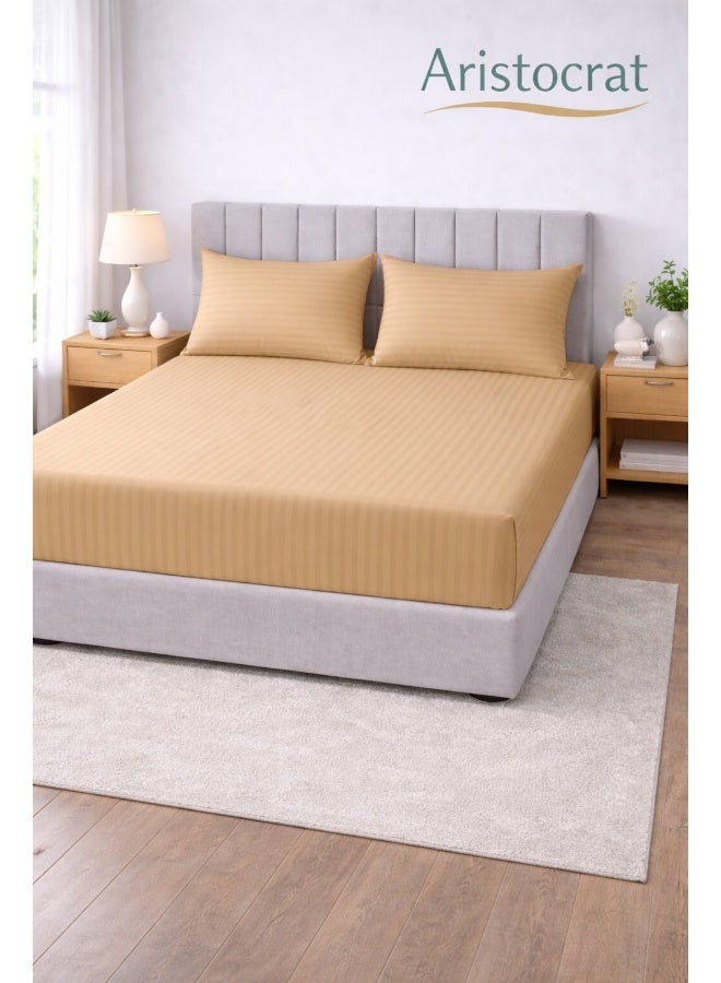 ARISTOCRAT 3-Piece Striped Microfiber Fitted Sheet Set King 180x200cm – Soft Elastic Deep Pocket 17cm Bedsheet with 2 Pillowcases 50x70cm, Beige Microfiber Beige 180X200+17cm - Image 1