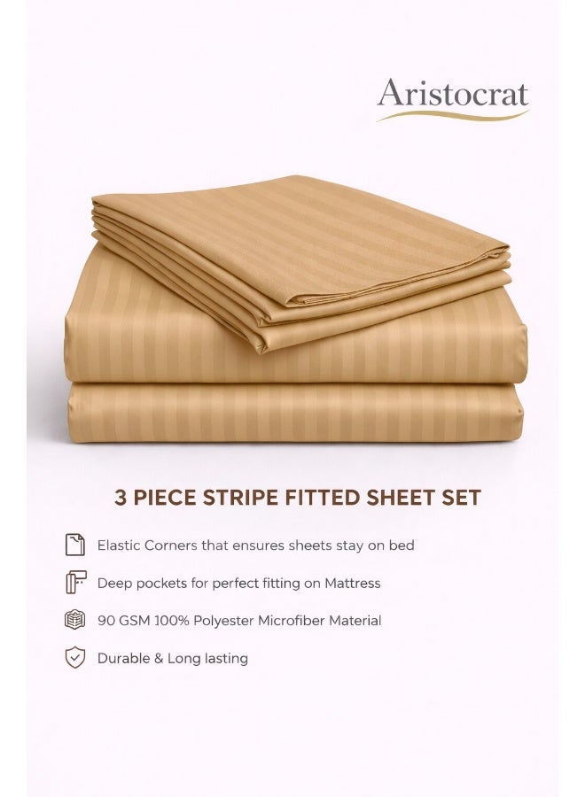 ARISTOCRAT 3-Piece Striped Microfiber Fitted Sheet Set King 180x200cm – Soft Elastic Deep Pocket 17cm Bedsheet with 2 Pillowcases 50x70cm, Beige Microfiber Beige 180X200+17cm - Image 2