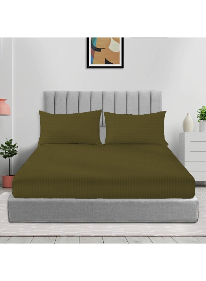 أرستوكرات 3 Pieces Stripe Fitted Sheet Set - 200x200+17cm Microfiber Olive 200x200+17cm  - Image 1
