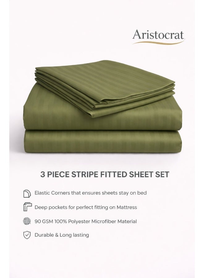 ARISTOCRAT 3-Piece Striped Microfiber Fitted Sheet Set Super King 200x200cm – Soft Elastic Deep Pocket 17cm Bedsheet with 2 Pillowcases 50x70cm, Olive Microfiber Olive 200x200+17cm - Image 2