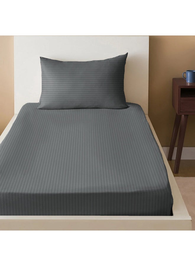 أرستوكرات 2 Pieces Stripe Fitted Sheet Set - 90x200+17cm - Grey Microfiber Grey 90x200+17cm  - Image 1