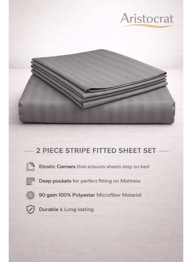 ARISTOCRAT 2-Piece Striped Microfiber Fitted Sheet Set Single 90x200cm – Soft Elastic Deep Pocket 17cm Bedsheet with 1 Pillowcase 50x70cm, Grey Microfiber Grey Single - Image 2