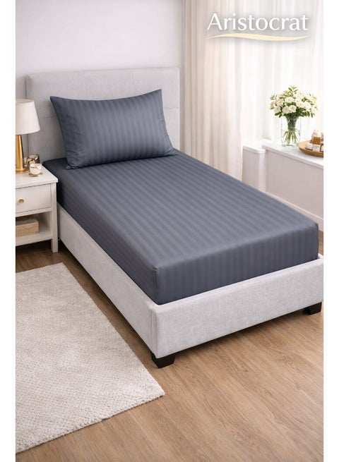2-Piece Striped Microfiber Fitted Sheet Set Single 90x200cm – Soft Elastic Deep Pocket 17cm Bedsheet with 1 Pillowcase 50x70cm, Grey Microfiber Grey Single