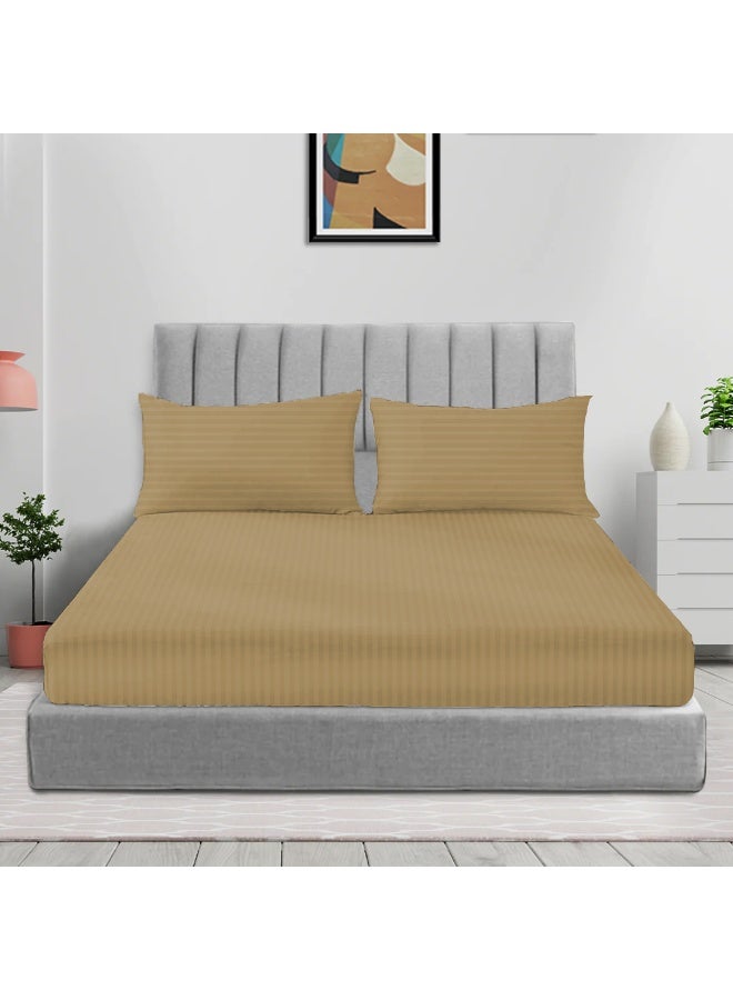ARISTOCRAT 3 Pieces Stripe Fitted Sheet Set - 150x200+17cm - Beige Microfiber Beige 150x200+17cm - Image 1