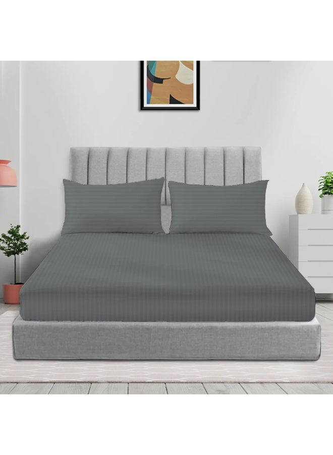 ARISTOCRAT 3 Pieces Stripe Fitted Sheet Set - 200x200+17cm - Grey Microfiber Grey 200x200+17cm  - Image 1