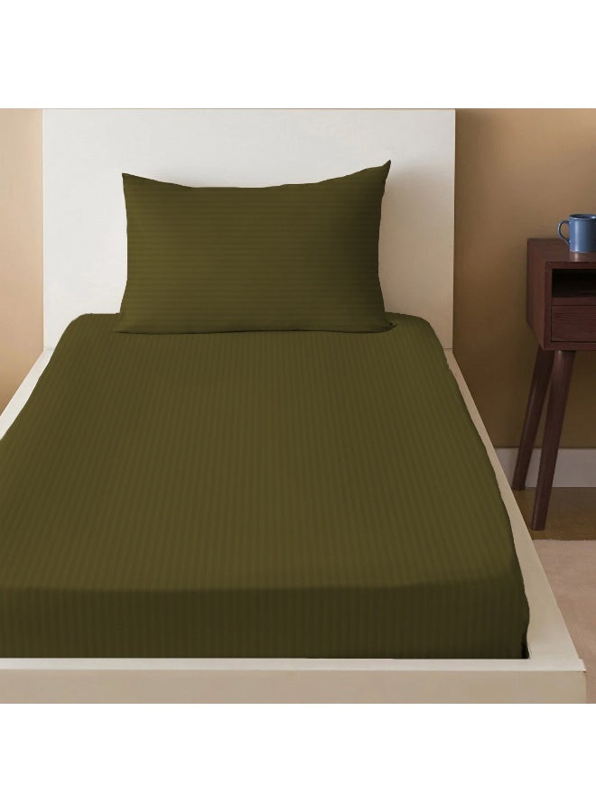 أرستوكرات 2 Pieces Stripe Fitted Sheet Set - 90x200+17cm - Olive Microfiber Olive 90x200+17cm  - Image 1