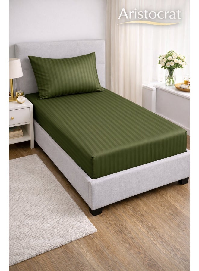 ARISTOCRAT 2-Piece Striped Microfiber Fitted Sheet Set Single 90x200cm – Soft Elastic Deep Pocket 17cm Bedsheet with 1 Pillowcase 50x70cm, Olive Microfiber Olive Single - Image 1