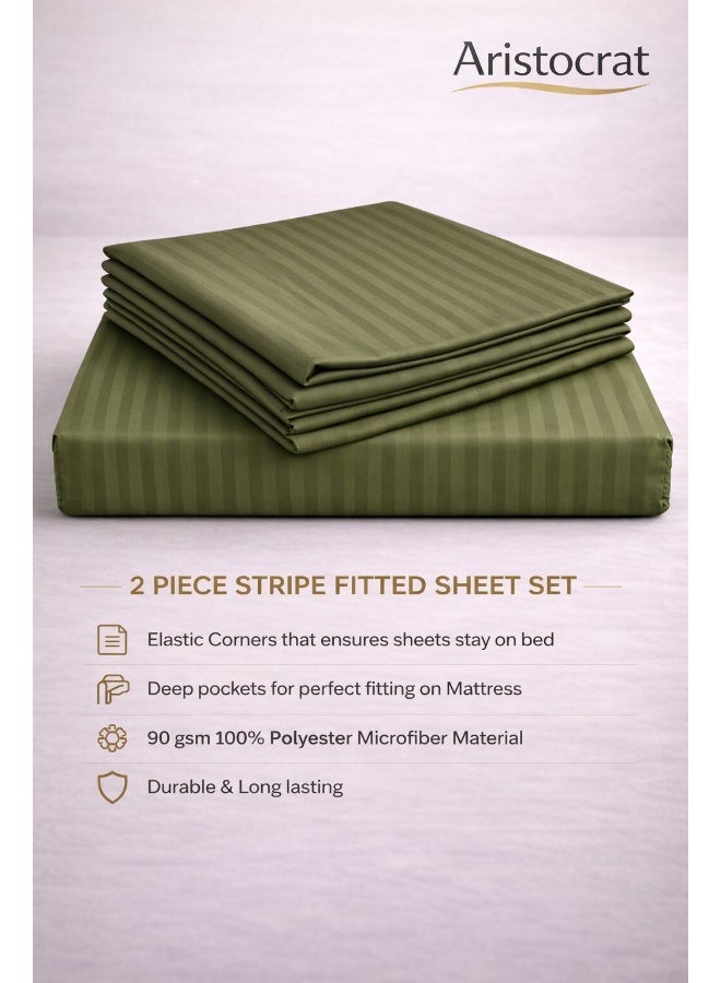 ARISTOCRAT 2-Piece Striped Microfiber Fitted Sheet Set Single 90x200cm – Soft Elastic Deep Pocket 17cm Bedsheet with 1 Pillowcase 50x70cm, Olive Microfiber Olive Single - Image 2