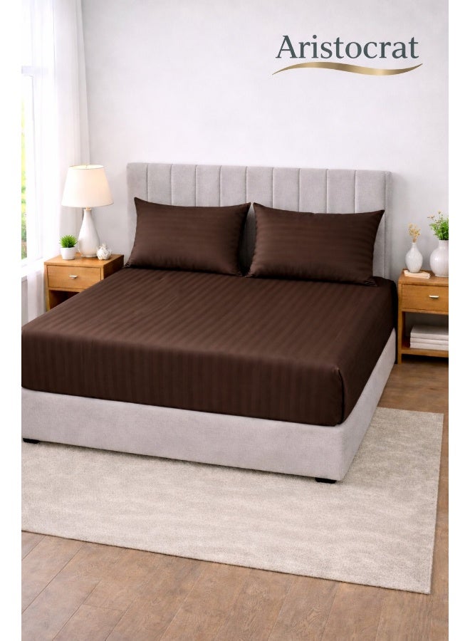 ARISTOCRAT 3-Piece Striped Microfiber Fitted Sheet Set Super King 200x200cm – Soft Elastic Deep Pocket 17cm Bedsheet with 2 Pillowcases 50x70cm, Chocolate Brown Microfiber Chocolate Brown 200x200+17cm - Image 1