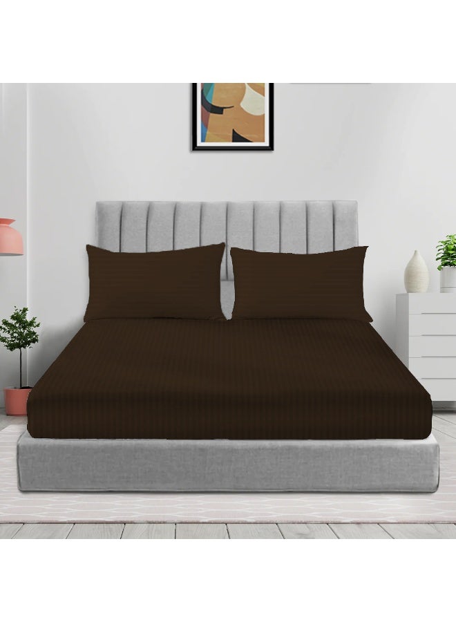 ARISTOCRAT 3 Pieces Stripe Fitted Sheet Set - 150x200+17cm - Chocolate Brown Microfiber Chocolate Brown 150x200+17cm  - Image 1