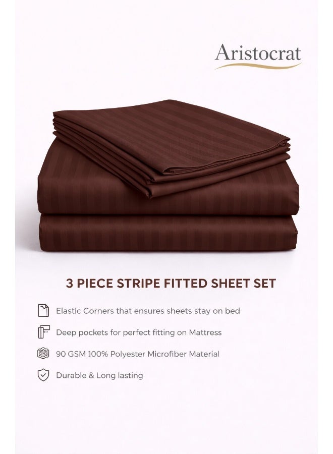 ARISTOCRAT 3-Piece Striped Microfiber Fitted Sheet Set Queen 150x200cm – Soft Elastic Deep Pocket 17cm Bedsheet with 2 Pillowcases 50x70cm, Chocolate Brown Microfiber Chocolate Brown 150X200+17cm - Image 2