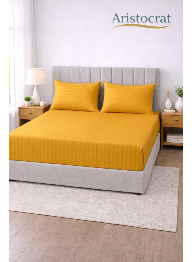 ARISTOCRAT 3-Piece Striped Microfiber Fitted Sheet Set Queen 150x200cm – Soft Elastic Deep Pocket 17cm Bedsheet with 2 Pillowcases 50x70cm, Gold Microfiber Gold 150X200+17cm - Image 1