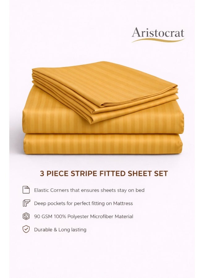 ARISTOCRAT 3-Piece Striped Microfiber Fitted Sheet Set Queen 150x200cm – Soft Elastic Deep Pocket 17cm Bedsheet with 2 Pillowcases 50x70cm, Gold Microfiber Gold 150X200+17cm - Image 2