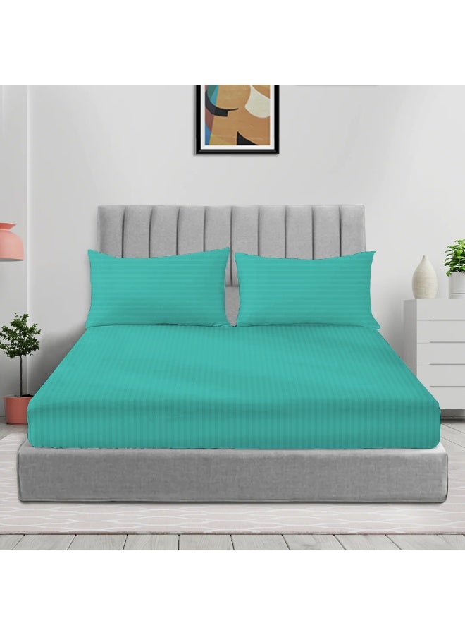 أرستوكرات 3 Pieces Stripe Fitted Sheet Set - 120x200+17cm - Teal Microfiber Teal 120x200+17cm  - Image 1