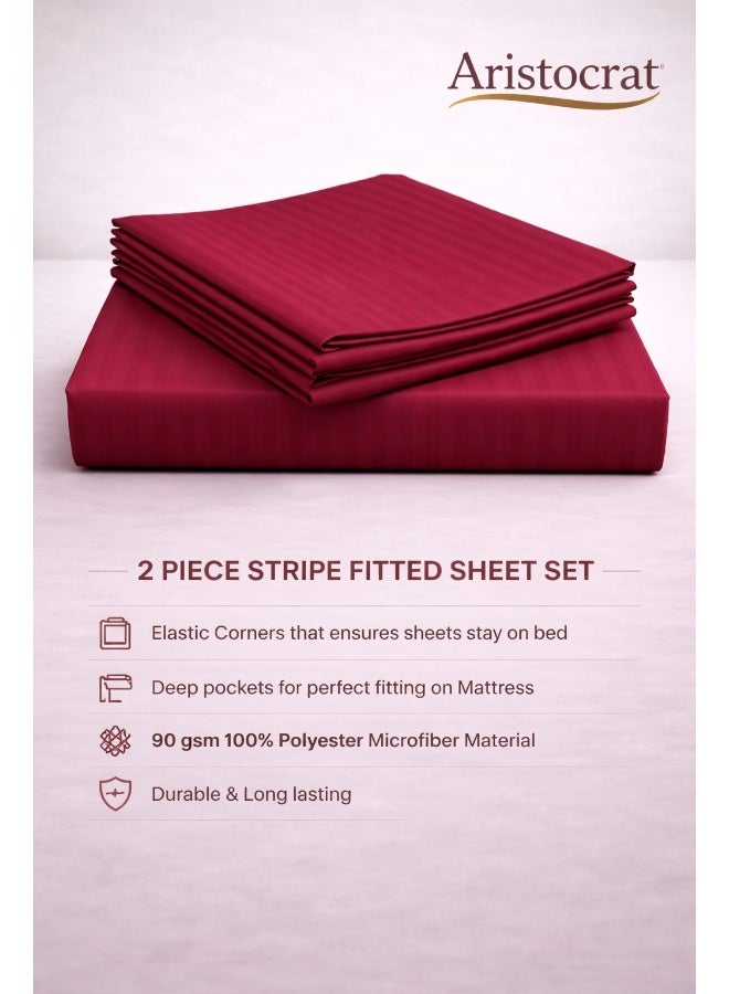 ARISTOCRAT 2-Piece Striped Microfiber Fitted Sheet Set Single 90x200cm – Soft Elastic Deep Pocket 17cm Bedsheet with 1 Pillowcase 50x70cm, Maroon Microfiber Maroon Single - Image 2