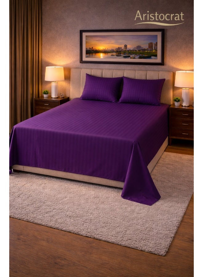 ARISTOCRAT 3‑Piece Striped Microfiber Flat Bed Sheet Set Super King 240x260cm – Soft Breathable Flat Sheet with 2 Pillowcases 50x70cm, Purple Microfiber Purple 240x260cm - Image 1