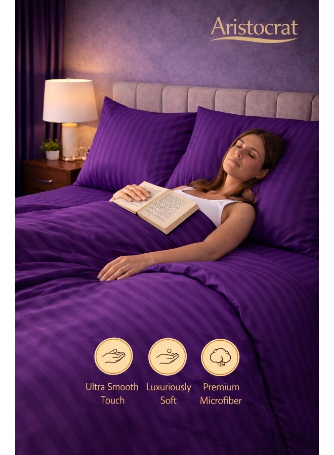 ARISTOCRAT 3‑Piece Striped Microfiber Flat Bed Sheet Set Super King 240x260cm – Soft Breathable Flat Sheet with 2 Pillowcases 50x70cm, Purple Microfiber Purple 240x260cm - Image 3