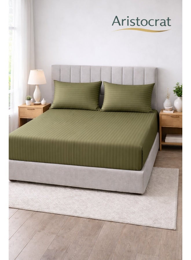 ARISTOCRAT 3-Piece Striped Microfiber Fitted Sheet Set King 180x200cm – Soft Elastic Deep Pocket 17cm Bedsheet with 2 Pillowcases 50x70cm, Olive Microfiber Olive 180X200+17cm - Image 1