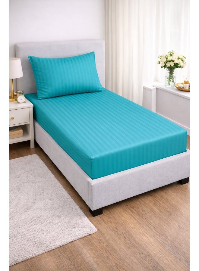 ARISTOCRAT 2-Piece Striped Microfiber Fitted Sheet Set Single 90x200cm – Soft Elastic Deep Pocket 17cm Bedsheet with 1 Pillowcase 50x70cm, Teal Microfiber Teal Single - Image 1
