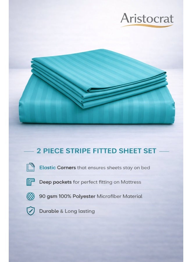 ARISTOCRAT 2-Piece Striped Microfiber Fitted Sheet Set Single 90x200cm – Soft Elastic Deep Pocket 17cm Bedsheet with 1 Pillowcase 50x70cm, Teal Microfiber Teal Single - Image 2