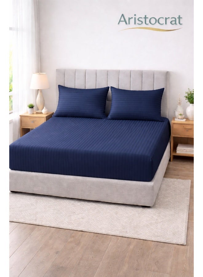 ARISTOCRAT 3-Piece Striped Microfiber Fitted Sheet Set Large Single 120x200cm – Soft Elastic Deep Pocket 17cm Bedsheet with 2 Pillowcases 50x70cm, Royal Blue Microfiber Royal Blue 120X200+17cm - Image 1