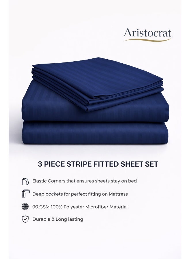 ARISTOCRAT 3-Piece Striped Microfiber Fitted Sheet Set Large Single 120x200cm – Soft Elastic Deep Pocket 17cm Bedsheet with 2 Pillowcases 50x70cm, Royal Blue Microfiber Royal Blue 120X200+17cm - Image 2